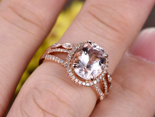 Split Shank Oval Morganite Engagement Ring Set, Marquise Diamond Band, 14k Rose Gold