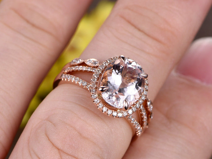 Split Shank Oval Morganite Engagement Ring Set, Marquise Diamond Band, 14k Rose Gold