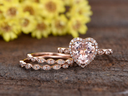 Heart Morganite Engagement Ring Set, Marquise Diamond Band, Rose Gold