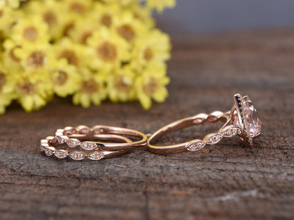 Heart Morganite Engagement Ring Set, Marquise Diamond Band, Rose Gold
