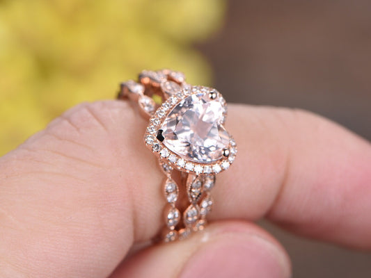 Heart Morganite Engagement Ring Set, Marquise Diamond Band, Rose Gold