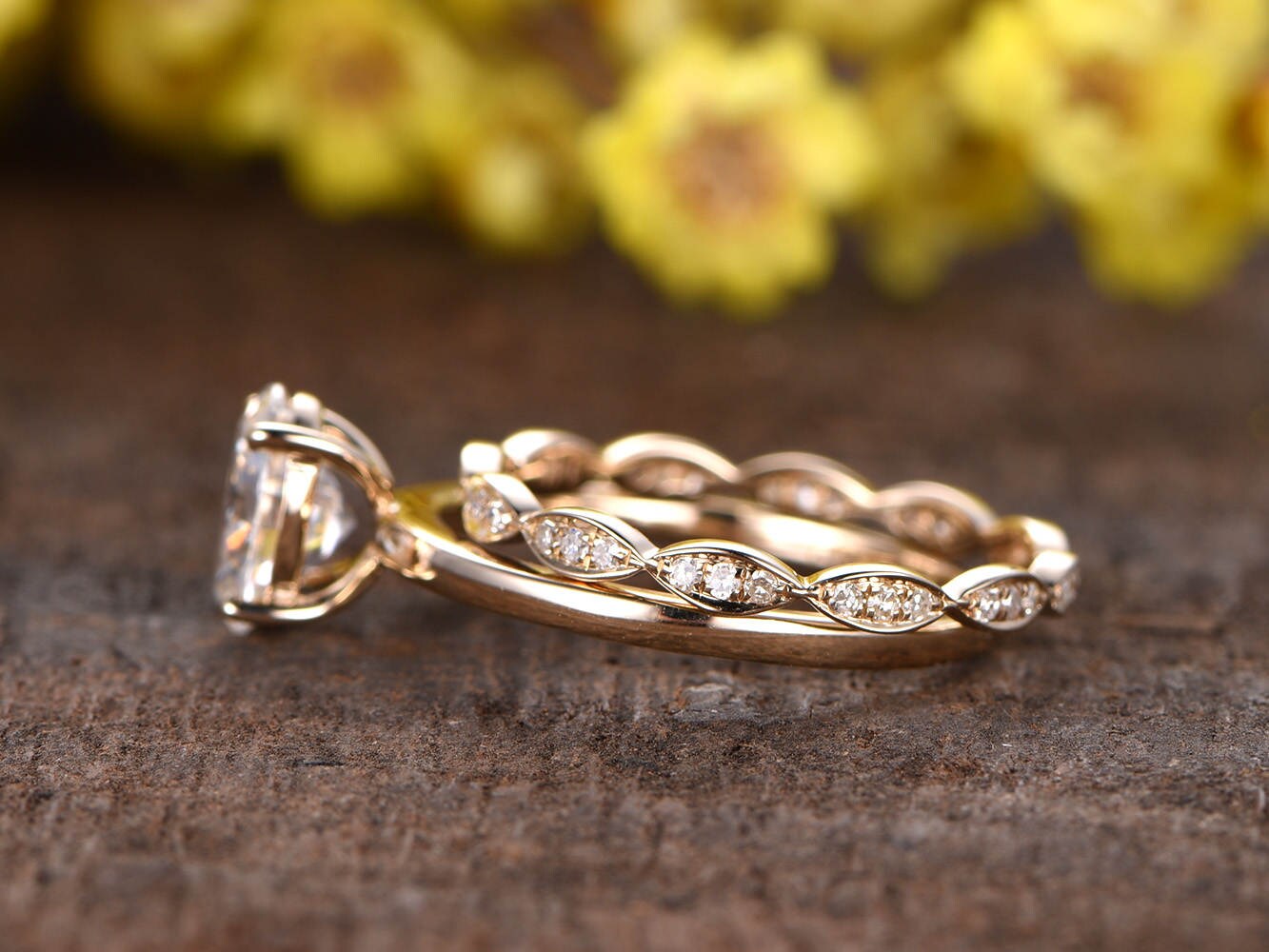 Vintage 14K Gold Oval Grown Diamond Engagement Ring Set: Marquise Wedding Band