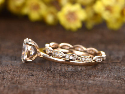 Vintage 14K Gold Oval Grown Diamond Engagement Ring Set: Marquise Wedding Band