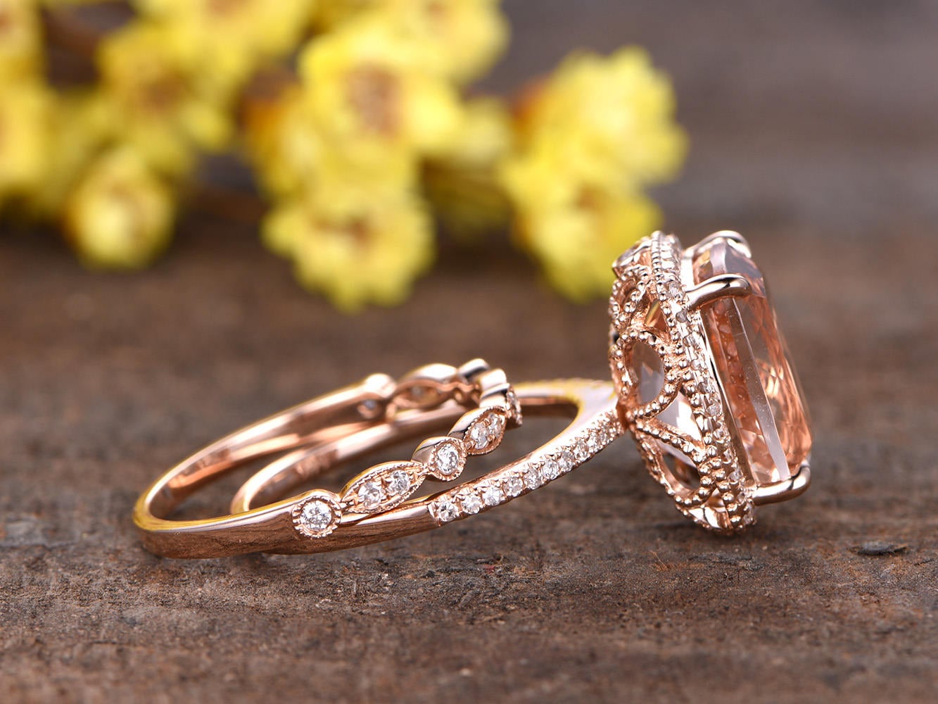 Morganite Engagement Ring Set: 14K Rose Gold, Halo Diamond