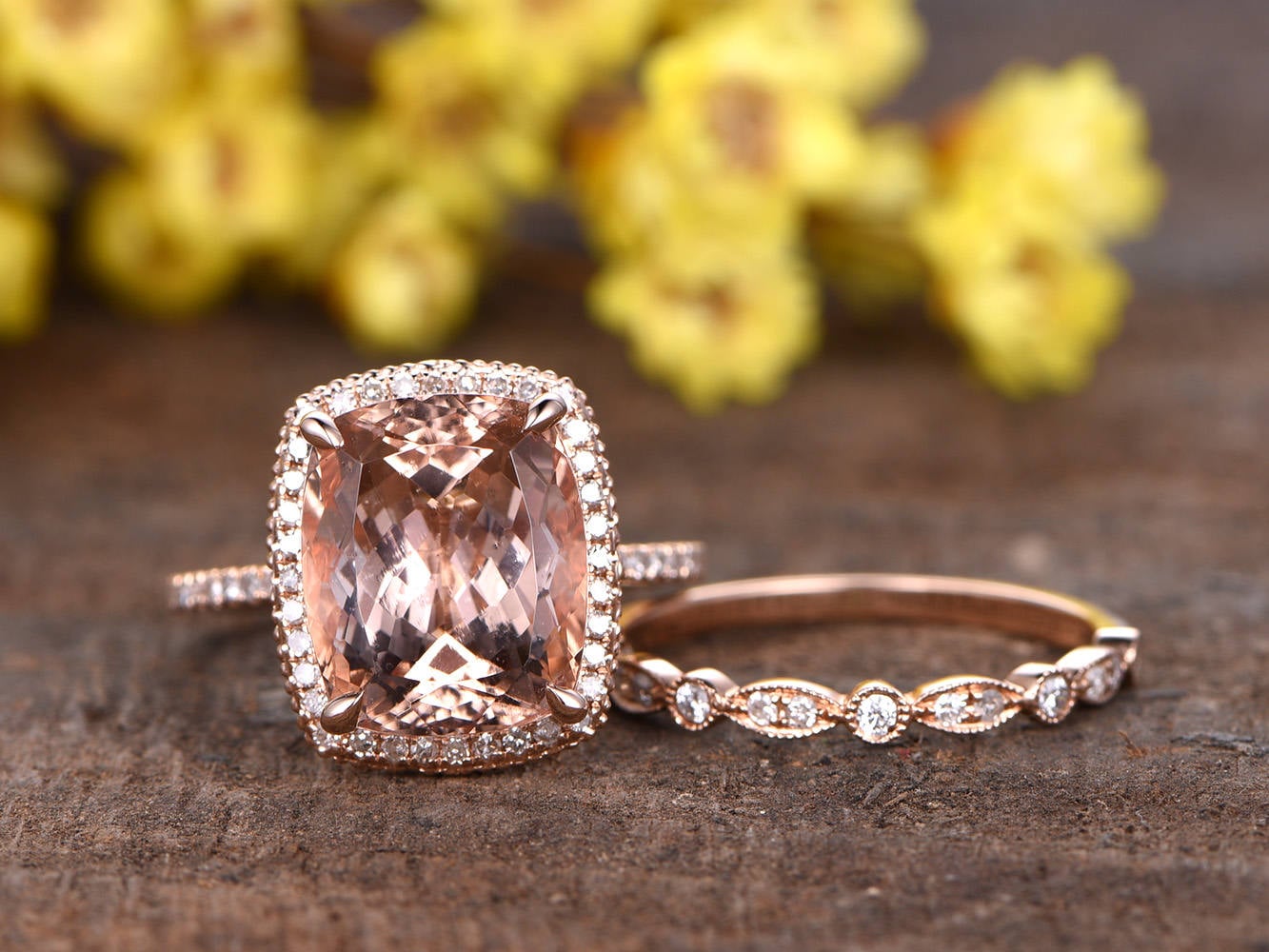 Morganite Engagement Ring Set: 14K Rose Gold, Halo Diamond