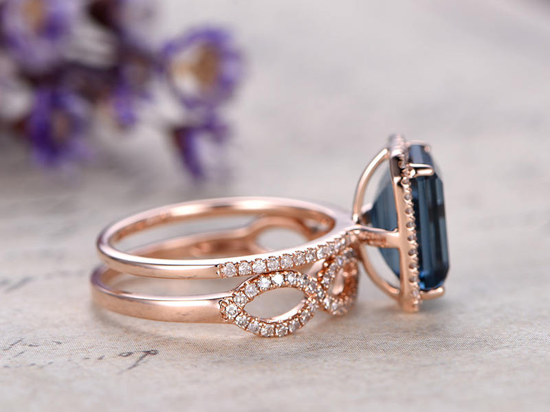 London Blue Topaz engagement ring with diamond,2pcs Solid 14k Rose gold wedding ring set,8x10mm Emerald  custom made fine jewelry,prong set - PENFINE