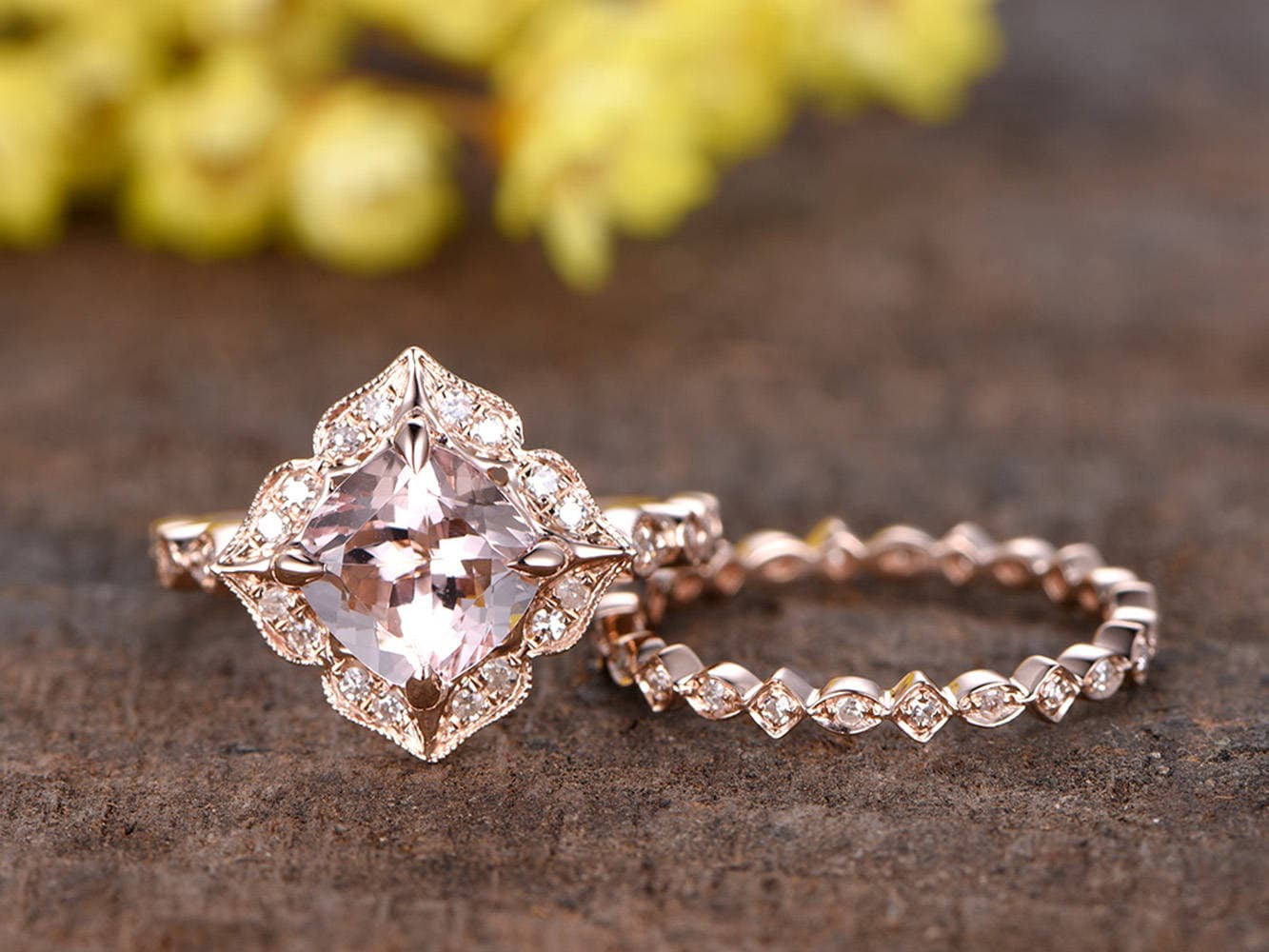 Cushion Morganite Engagement Ring Set, Rose Gold Diamond Wedding Band, Art Deco Bridal Jewelry