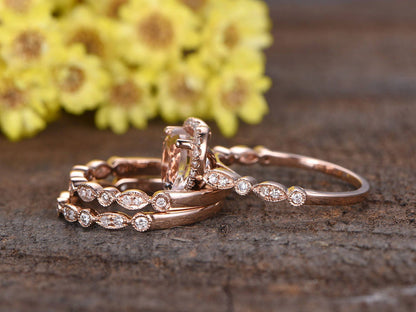 Heart Morganite Engagement Ring Set, Rose Gold Diamond Art Deco Wedding Bands