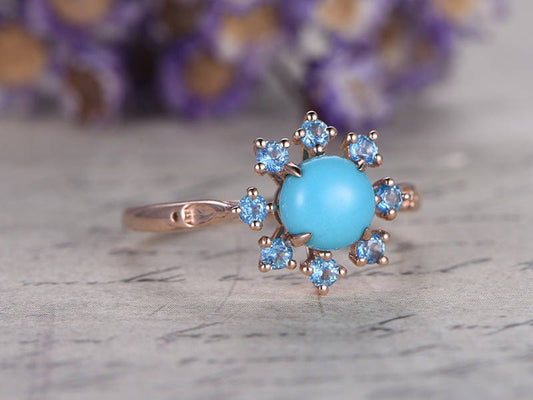 Floral Blue Round Cut Turquoise Engagement Ring, Swiss Blue Topaz Halo Wedding Ring, 14K Rose Gold Promise Ring, Handmade Anniversary Gift - PENFINE