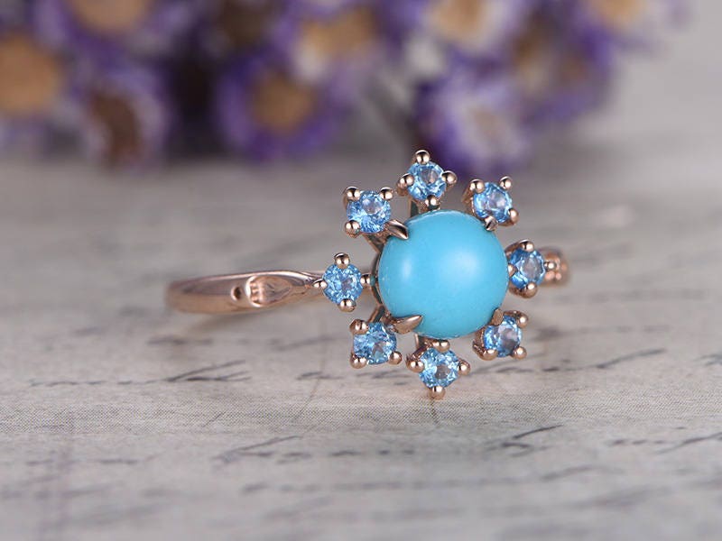 Floral Blue Round Cut Turquoise Engagement Ring,  Swiss Blue Topaz Halo Wedding Ring, 14K Rose Gold Promise Ring, Handmade Anniversary Gift - PENFINE