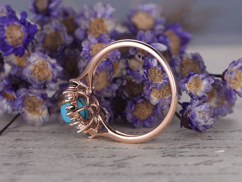 Floral Blue Round Cut Turquoise Engagement Ring,  Swiss Blue Topaz Halo Wedding Ring, 14K Rose Gold Promise Ring, Handmade Anniversary Gift - PENFINE