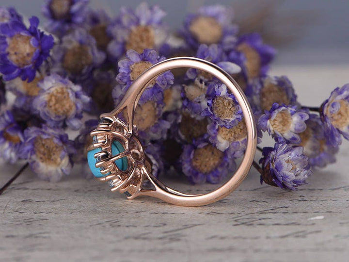 Floral Blue Round Cut Turquoise Engagement Ring,  Swiss Blue Topaz Halo Wedding Ring, 14K Rose Gold Promise Ring, Handmade Anniversary Gift - PENFINE