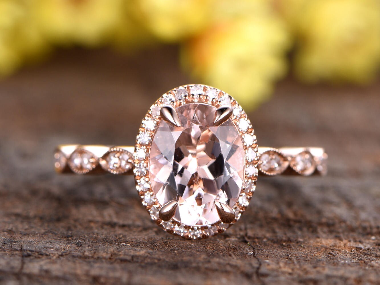Natural Morganite Engagement Ring, 14k Rose Gold Diamond Halo, Marquise Band