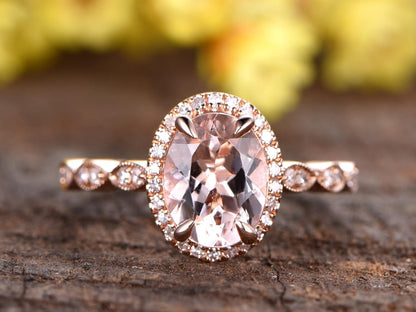 Natural Morganite Engagement Ring, 14k Rose Gold Diamond Halo, Marquise Band