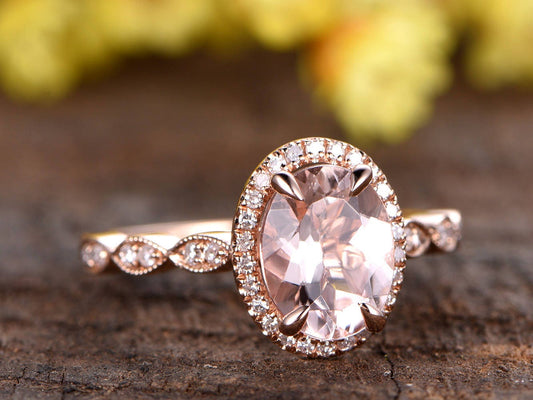Natural Morganite Engagement Ring, 14k Rose Gold Diamond Halo, Marquise Band