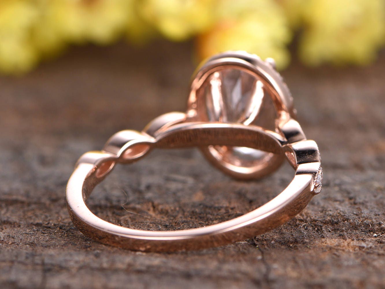 Natural Morganite Engagement Ring, 14k Rose Gold Diamond Halo, Marquise Band