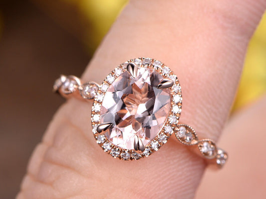 Natural Morganite Engagement Ring, 14k Rose Gold Diamond Halo, Marquise Band