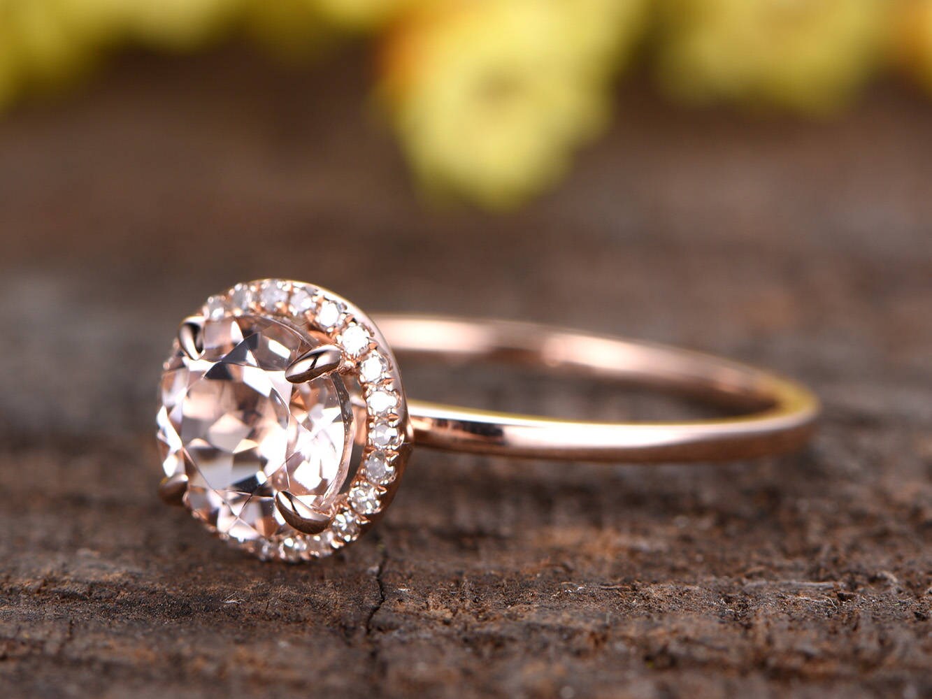 Morganite Engagement Ring, Rose Gold Diamond Halo, Anniversary Gift