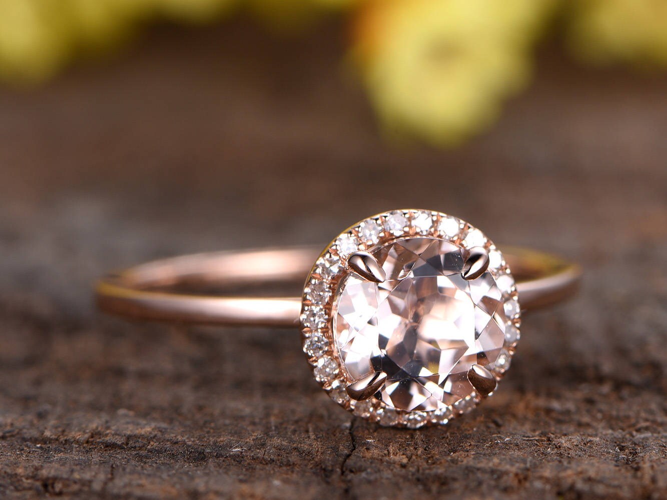 Morganite Engagement Ring, Rose Gold Diamond Halo, Anniversary Gift