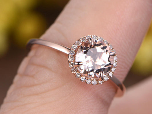 Morganite Engagement Ring, Rose Gold Diamond Halo, Anniversary Gift