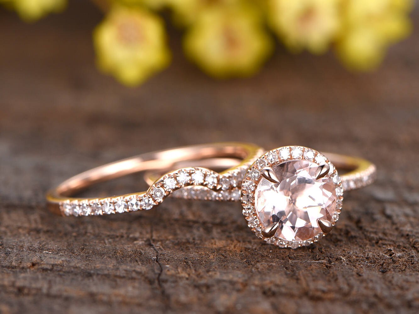 Vintage 14K Rose Gold Morganite Ring Set, Diamond Wedding Band