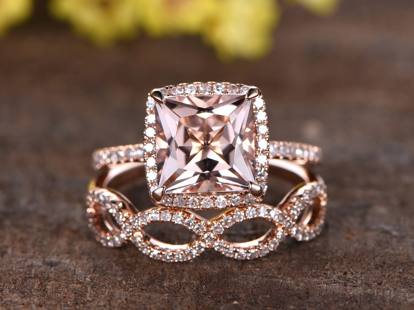 Princess Cut Morganite Engagement Ring Set, Diamond Infinity Band, 14K Rose Gold