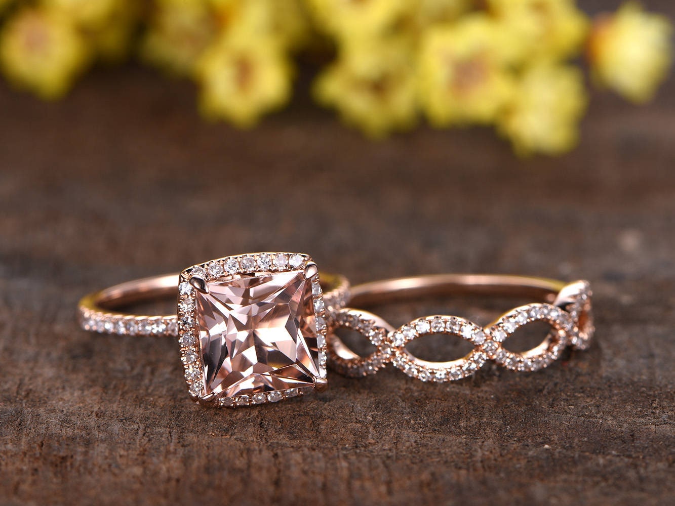 Princess Cut Morganite Engagement Ring Set, Diamond Infinity Band, 14K Rose Gold