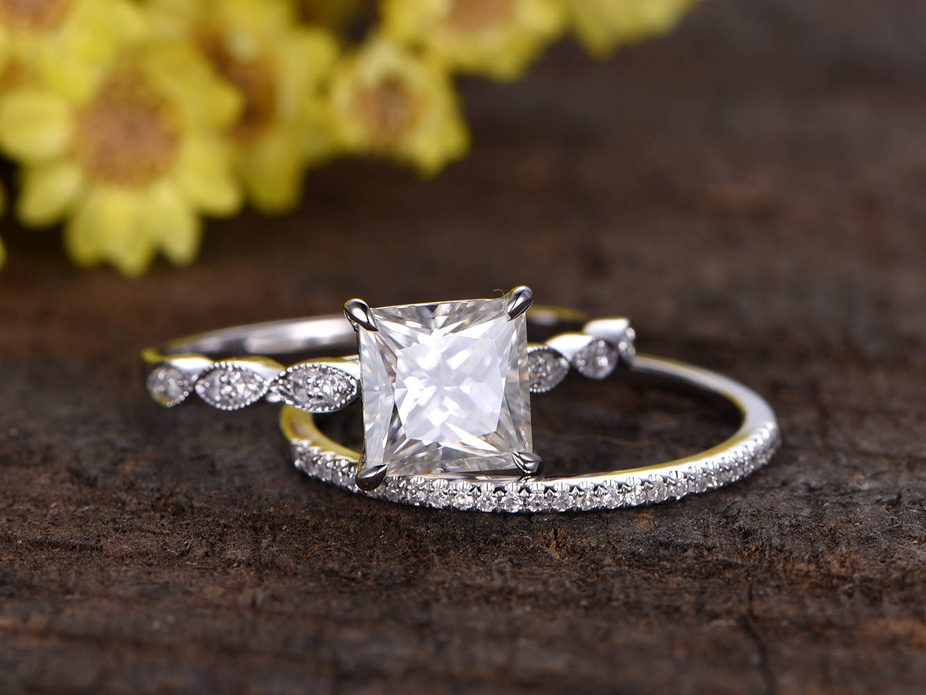 2 Carat Princess Cut Lab Grown Diamond Engagement Ring Set