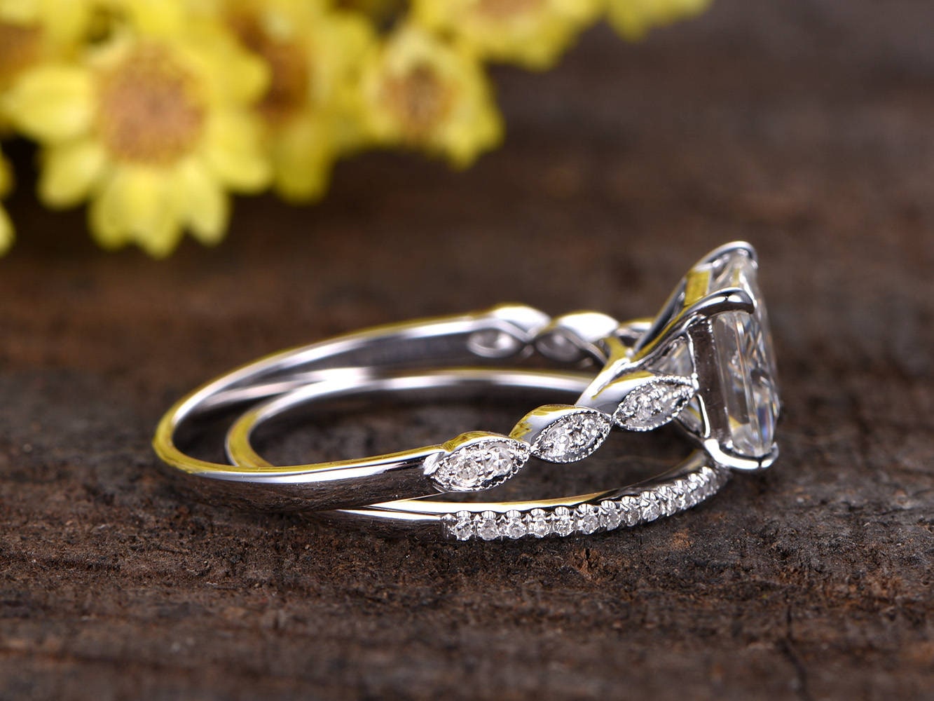 Princess Cut Moissanite Engagement Ring Set, Diamond Marquise Band, 14k White Gold