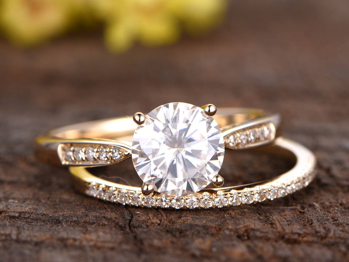 Vintage 1ctw Lab Grown Diamond Engagement Ring Set: 14k Gold Bridal Rings