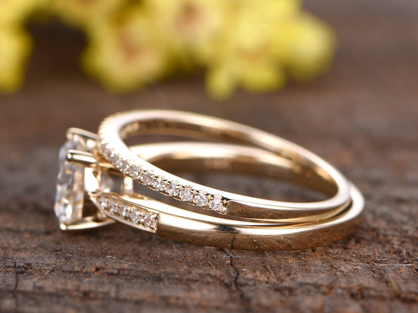 Vintage 1ctw Lab Grown Diamond Engagement Ring Set: 14k Gold Bridal Rings