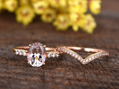 Oval Morganite Engagement Ring Set: 14K Rose Gold, Diamond Wedding Band