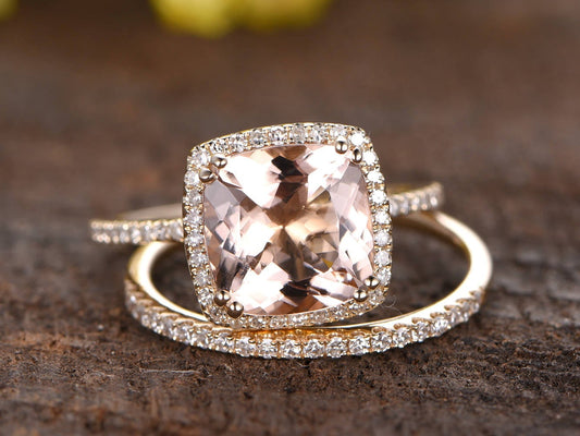 3ct Cushion Cut Morganite Engagement Ring Set: Diamond 14K White Gold Wedding Band