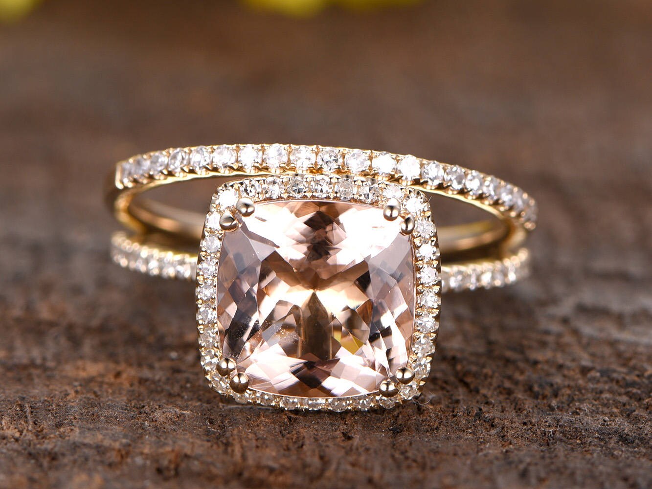 3ct Cushion Cut Morganite Engagement Ring Set: Diamond 14K White Gold Wedding Band