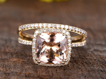 3ct Cushion Cut Morganite Engagement Ring Set: Diamond 14K White Gold Wedding Band