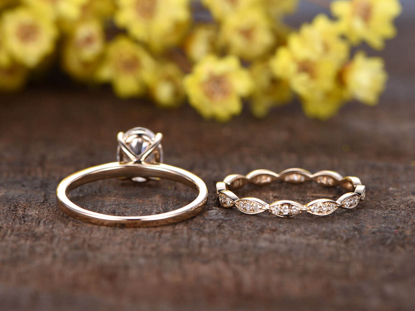 Vintage 14K Gold Oval Grown Diamond Engagement Ring Set: Marquise Wedding Band