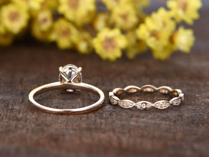 Vintage 14K Gold Oval Grown Diamond Engagement Ring Set: Marquise Wedding Band