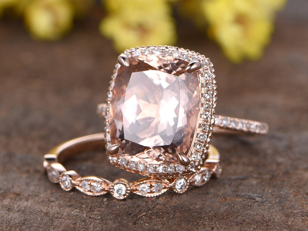 Morganite Engagement Ring Set: 14K Rose Gold, Halo Diamond