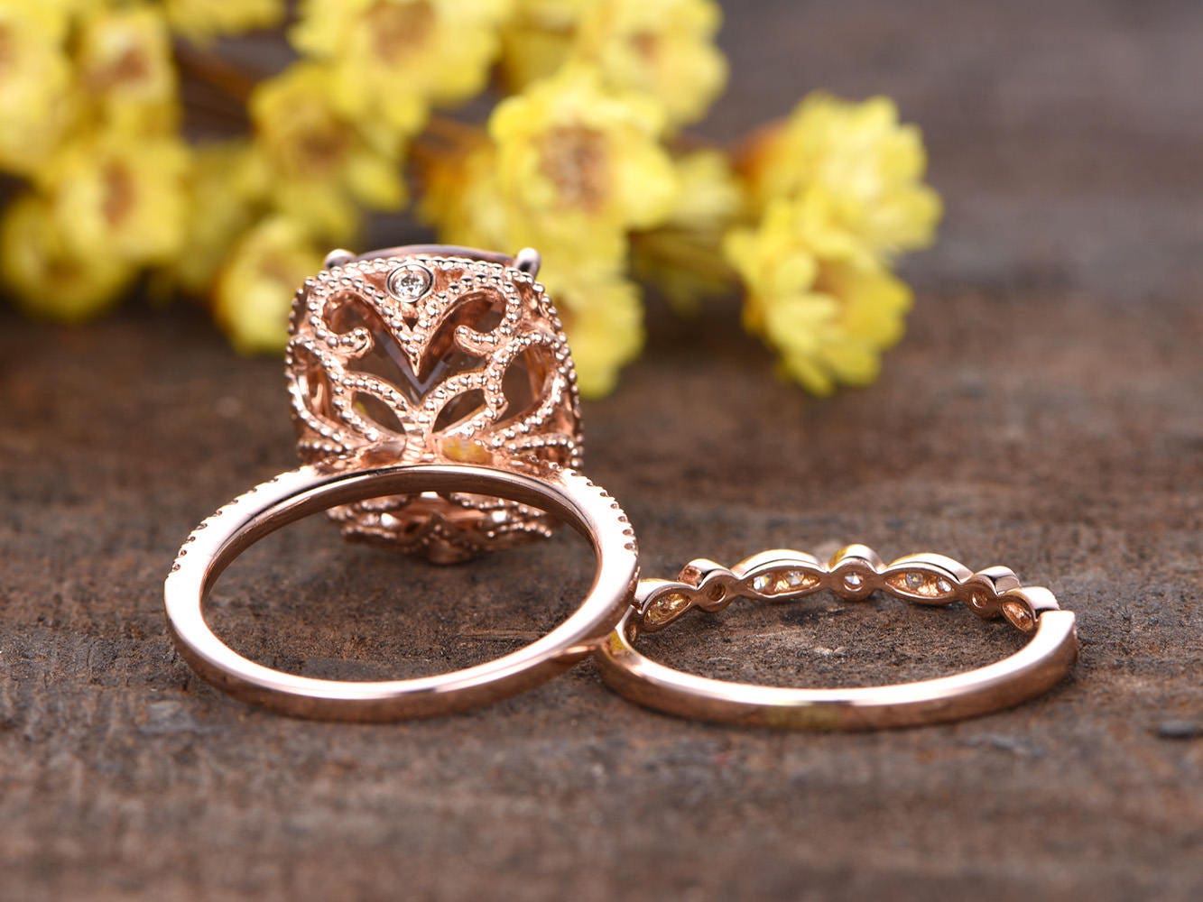Morganite Engagement Ring Set: 14K Rose Gold, Halo Diamond
