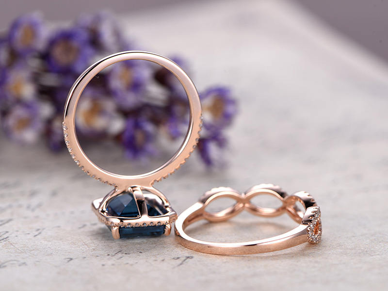 London Blue Topaz engagement ring with diamond,2pcs Solid 14k Rose gold wedding ring set,8x10mm Emerald  custom made fine jewelry,prong set - PENFINE