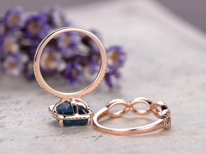 London Blue Topaz engagement ring with diamond,2pcs Solid 14k Rose gold wedding ring set,8x10mm Emerald  custom made fine jewelry,prong set - PENFINE