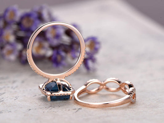 London Blue Topaz engagement ring with diamond,2pcs Solid 14k Rose gold wedding ring set,8x10mm Emerald  custom made fine jewelry,prong set - PENFINE
