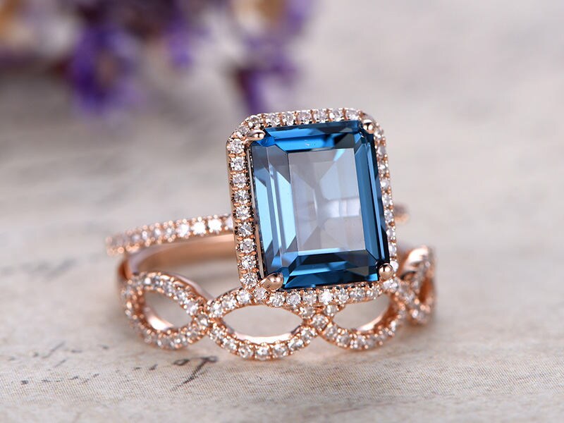 London Blue Topaz engagement ring with diamond,2pcs Solid 14k Rose gold wedding ring set,8x10mm Emerald  custom made fine jewelry,prong set - PENFINE