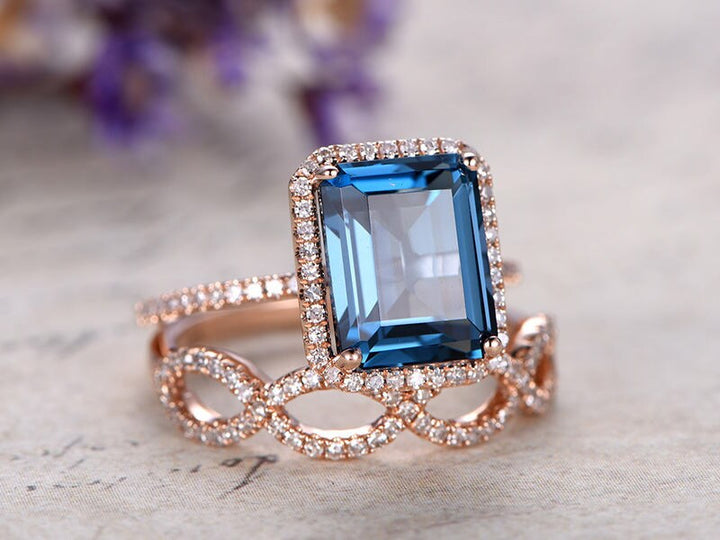 London Blue Topaz engagement ring with diamond,2pcs Solid 14k Rose gold wedding ring set,8x10mm Emerald  custom made fine jewelry,prong set - PENFINE