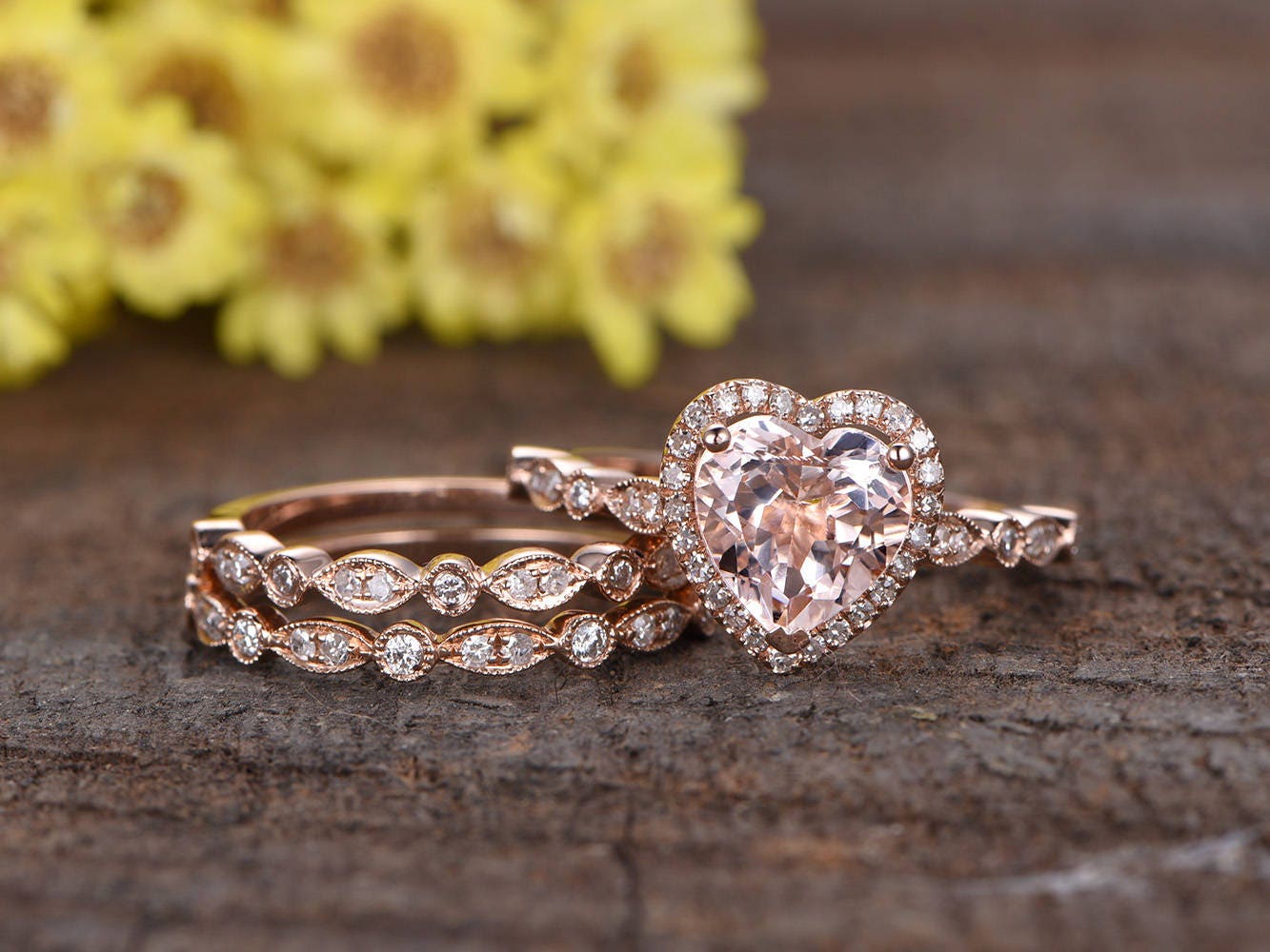 Heart Morganite Engagement Ring Set, Rose Gold Diamond Art Deco Wedding Bands