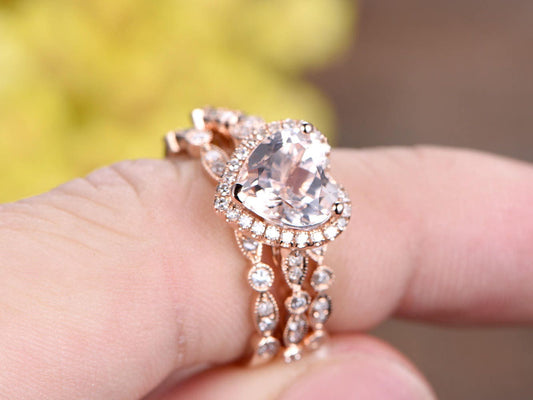 Heart Morganite Engagement Ring Set, Rose Gold Diamond Art Deco Wedding Bands