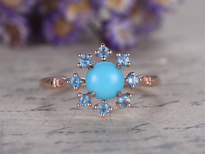 Floral Blue Round Cut Turquoise Engagement Ring,  Swiss Blue Topaz Halo Wedding Ring, 14K Rose Gold Promise Ring, Handmade Anniversary Gift - PENFINE
