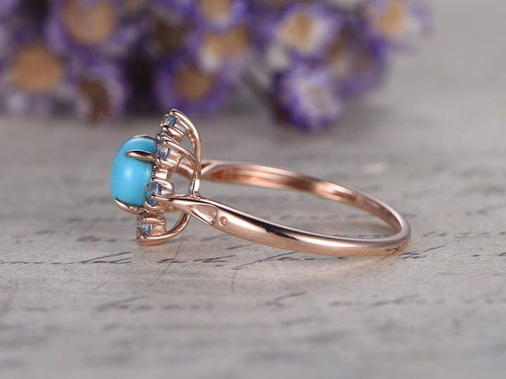 Floral Blue Round Cut Turquoise Engagement Ring,  Swiss Blue Topaz Halo Wedding Ring, 14K Rose Gold Promise Ring, Handmade Anniversary Gift - PENFINE