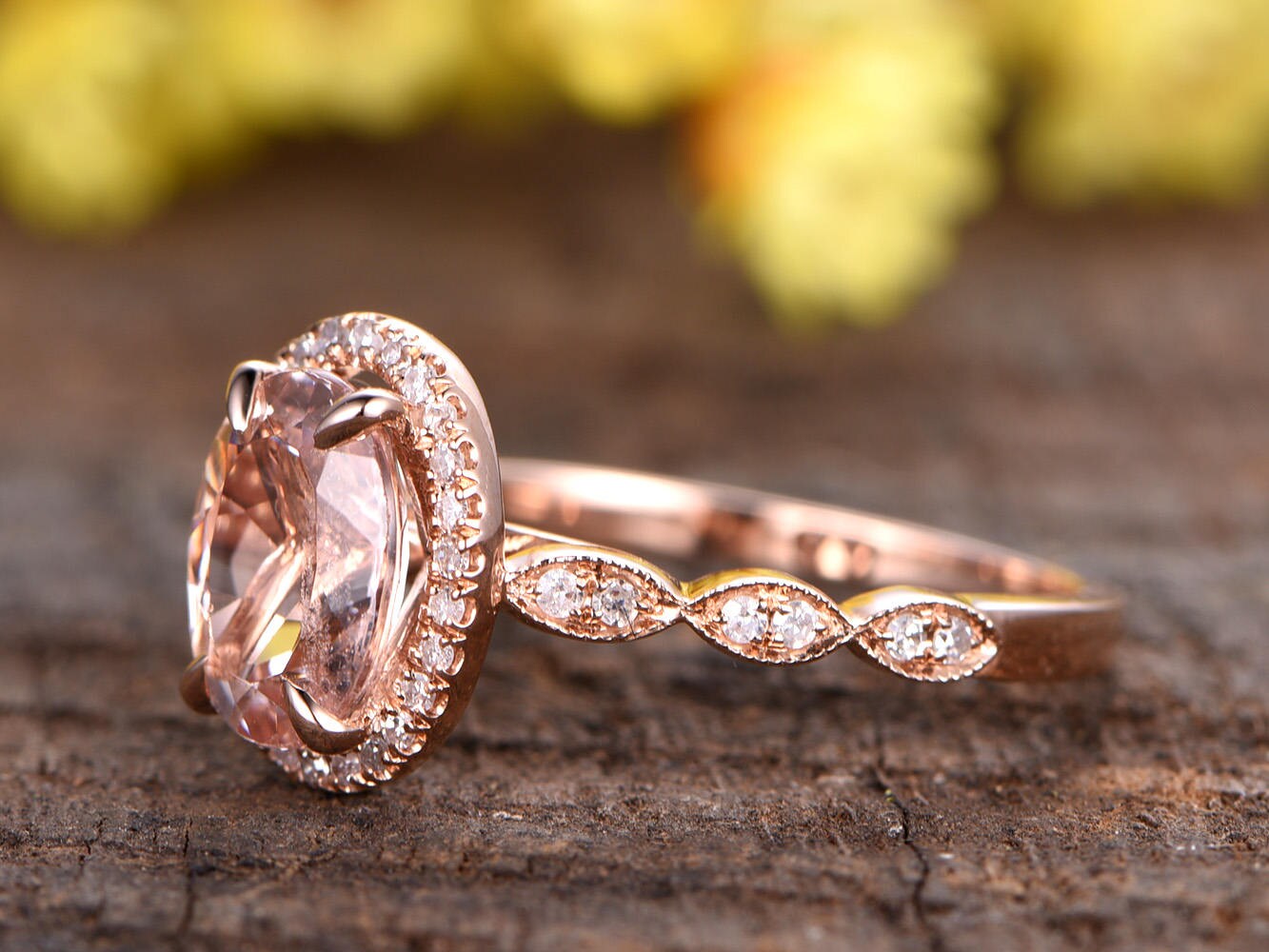 Natural Morganite Engagement Ring, 14k Rose Gold Diamond Halo, Marquise Band