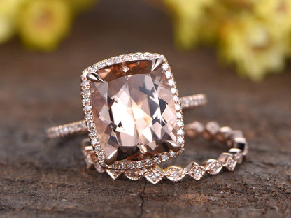 Cushion Cut Morganite Engagement Ring Set, 14K Rose Gold Diamond Bridal Band